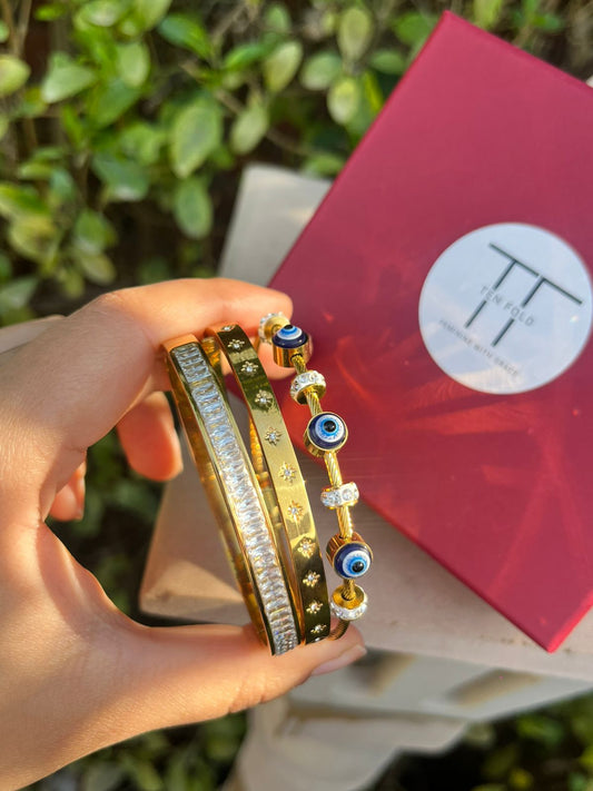 Evil eye bangle, studded bangle & 18k gold plated bangle – trio at 25% Off